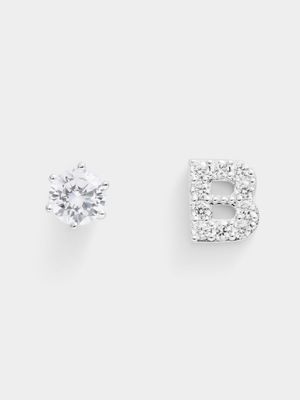 Rhodium Plated Pave Letter B Initial & 6mm CZ Stud