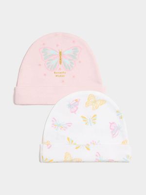 Jet Infant Girls Pink/White 2 Pack Butterflies Beanies