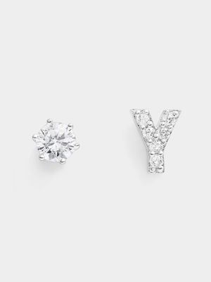 Rhodium Plated Pave Letter Y Initial & 6mm CZ Stud