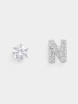 Rhodium Plated Pave Letter N Initial & 6mm CZ Stud