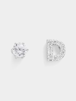 Rhodium Plated Pave Letter D Initial & 6mm CZ Stud