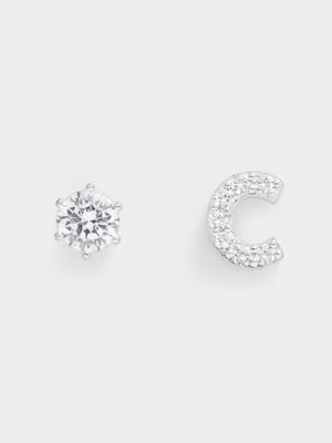 Rhodium Plated Pave Letter C Initial & 6mm CZ Stud