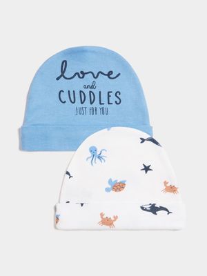 Jet Infant Boys Blue/White 2 Pack Sea Creatures Beanies