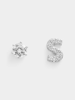 Rhodium Plated Pave Letter S Initial & 6mm CZ Stud
