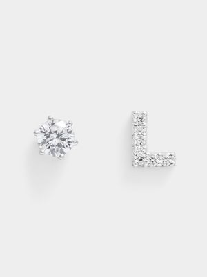 Rhodium Plated Pave Letter L Initial & 6mm CZ Stud