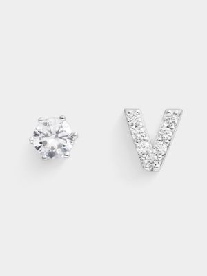 Rhodium Plated Pave Letter V Initial & 6mm CZ Stud