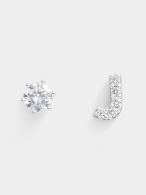 Rhodium Plated Pave Letter J Initial & 6mm CZ Stud