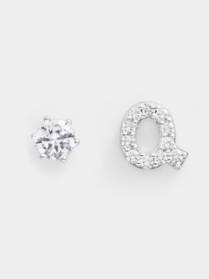 Rhodium Plated Pave Letter Q Initial & 6mm CZ Stud