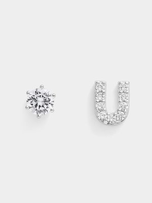 Rhodium Plated Pave Letter U Initial & 6mm CZ Stud