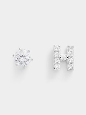 Rhodium Plated Pave Letter H Initial & 6mm CZ Stud