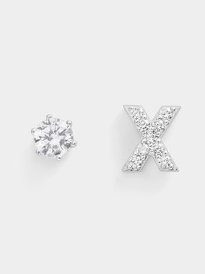 Rhodium Plated Pave Letter X Initial & 6mm CZ Stud