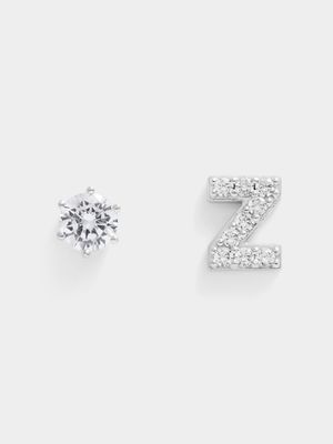 Rhodium Plated Pave Letter Z Initial & 6mm CZ Stud