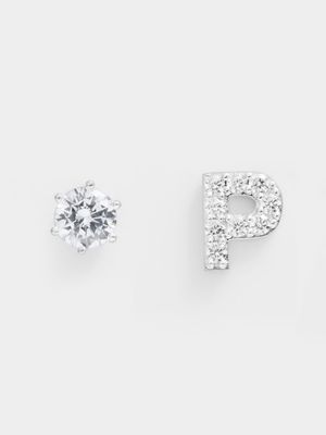 Rhodium Plated Pave Letter P Initial & 6mm CZ Stud