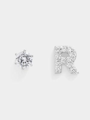 Rhodium Plated Pave Letter R Initial & 6mm CZ Stud