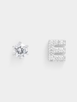 Rhodium Plated Pave Letter E Initial & 6mm CZ Stud