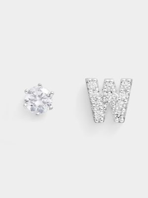 Rhodium Plated Pave Letter W Initial & 6mm CZ Stud