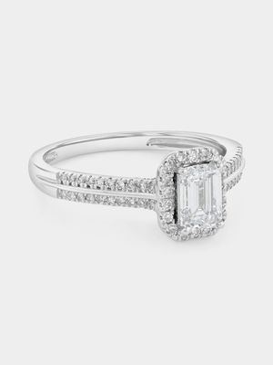 White Gold 0.9ct Lab Grown Diamond Emerald-Cut Halo Ring