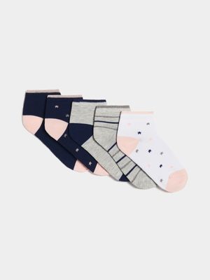 Jet Older Girls Navy/Pink Star Stripe 5 Packs Low Socks
