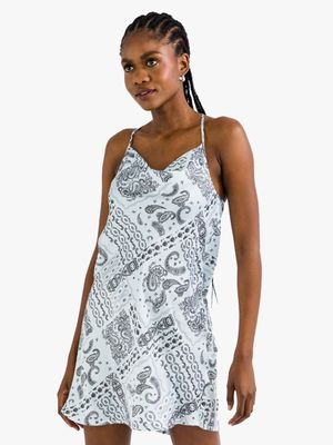Y&G Cowl Neck Satin Slip Dress with Bandana Print