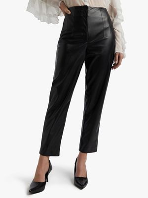Pleather Tapered Leg Darted High Waist Pants