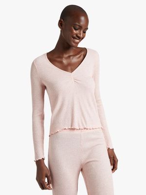 Ribbed Ruched V-neck Long Sleeve Top