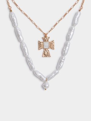 Pearl & Cross Multi Layer Necklace