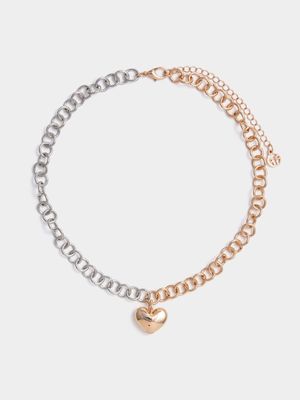 Two Tone Chunky Chain Heart Necklace