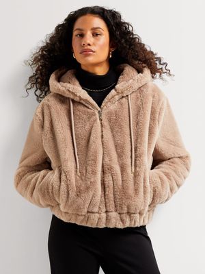 Faux Fur Zipped Hoody Jacket