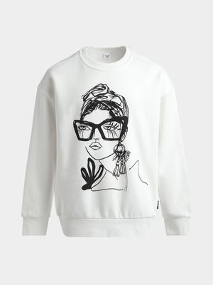 Girls Oversized Face Graphic Crew Sweat Top