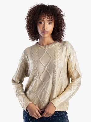 Sissy Boy Gold Metallic Chunky Cable Knit Sweater