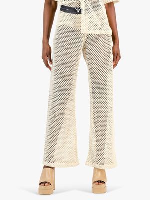 Women's Rosey & Vittori Cream Crochet Pull On Pants