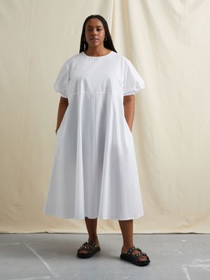 Women's Canvas Puff Sleeve Pocket Dress White