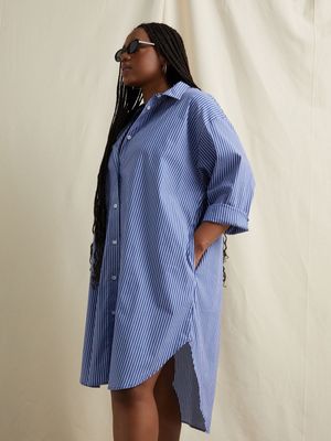 Women's Canvas Curved Hem Shirt Dress Dark Blue Stripe