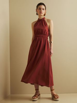 Women's Iconography Linen Blend Halterneck Midi Dress Rust