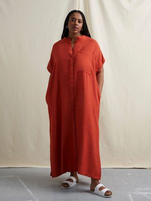 Women's Canvas Mandarin Collar Shirt Dress Rust