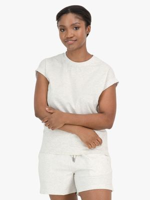 Women's PHEME Oatmeal Relaxed Drop Shoulder Cap Sleeve T-shirt