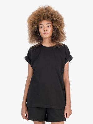 Women's PHEME Black Relaxed Drop Shoulder Cap Sleeve T-shirt