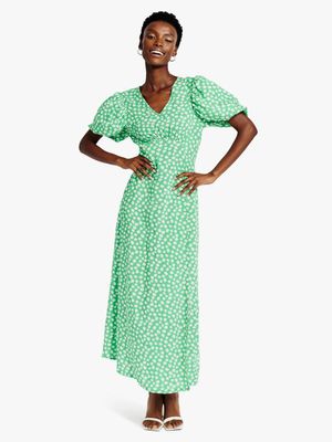 Women's Me&B Green Printed Empire V-Neck Dress