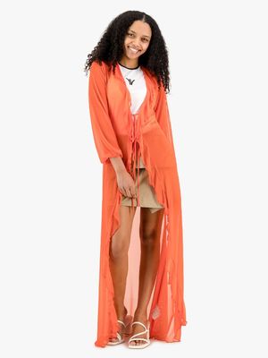 Women's Rosey & Vittori Orange Long Mesh Kimono with Frill