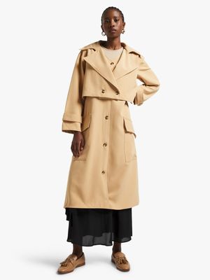 Women's Elwen Design Beige Double Layered Trench Styled Jacket
