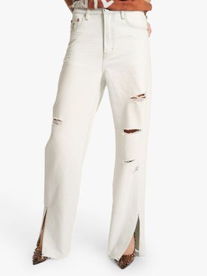 Women's One Teaspoon White Mid Rise Straight Leg Denim Jeans