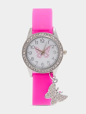 Girl's Pink Diamante Butterfly Watch
