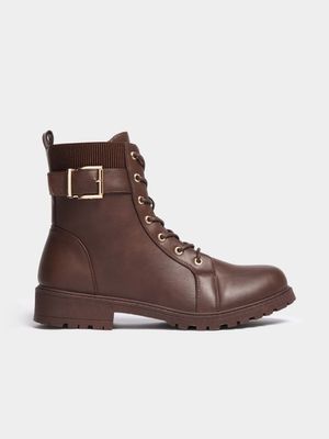 Women's Brown Lace Up Military Boots