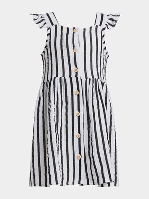 Younger Girl's Black & White Stripe Button Dress