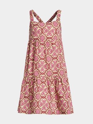Younger Girl's Stone Tile Print Tiered Poplin Dress