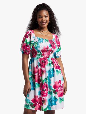Women's Floral Print Smocked Puff Sleeve Dress