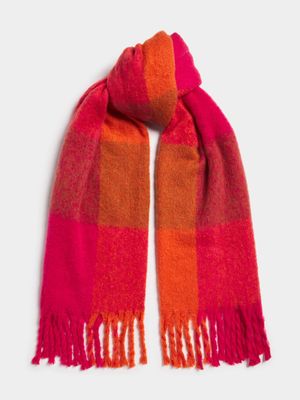 Women's Pink & Orange Check Blanket Scarf