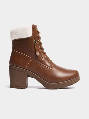 Women's Tan Lace Up Heeled Boots