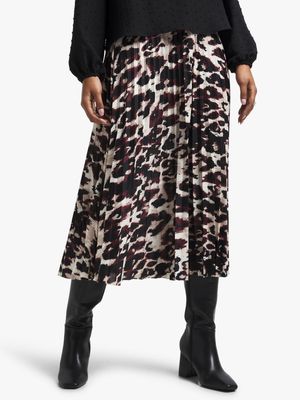 Women's Brown Animal Print Pleated Skirt