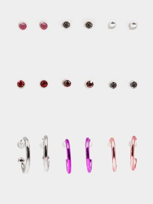 Girl's Silver & Pink 9-Pack Stud & Hoop Earrings